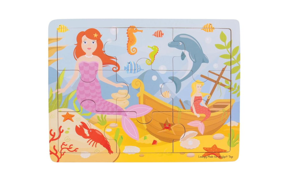 Bigjigs Toys Mermaid Tray Puzzle for kids with 9 colorful pieces featuring underwater scenes