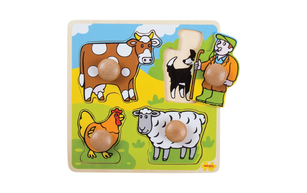 My First Peg Puzzle Farm by Bigjigs Toys features colorful farm animals and a farmer for kids to enjoy