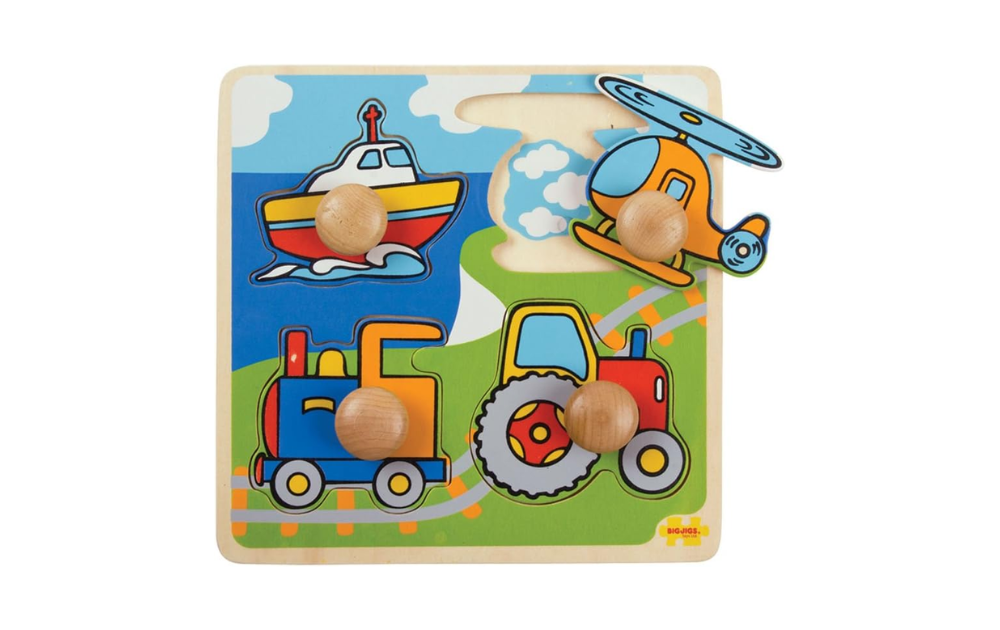 My First Peg Puzzle Transport by Bigjigs Toys featuring colorful vehicles like a boat, helicopter, and tractor