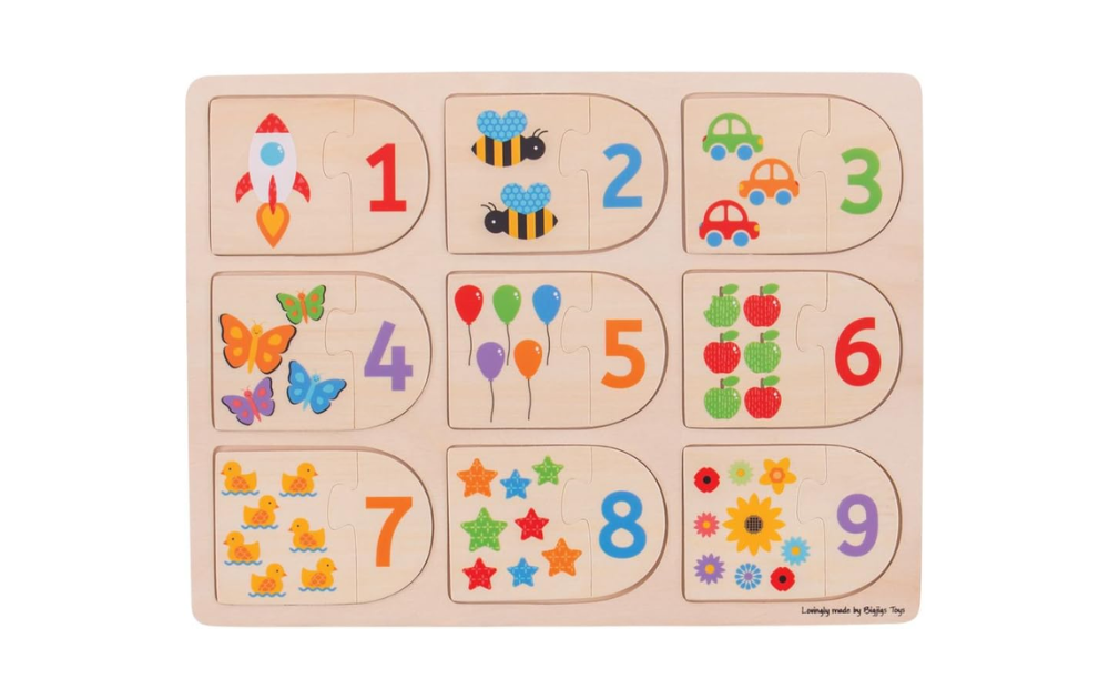 Bigjigs picture and number matching puzzle with colorful shapes and numbers for early learning