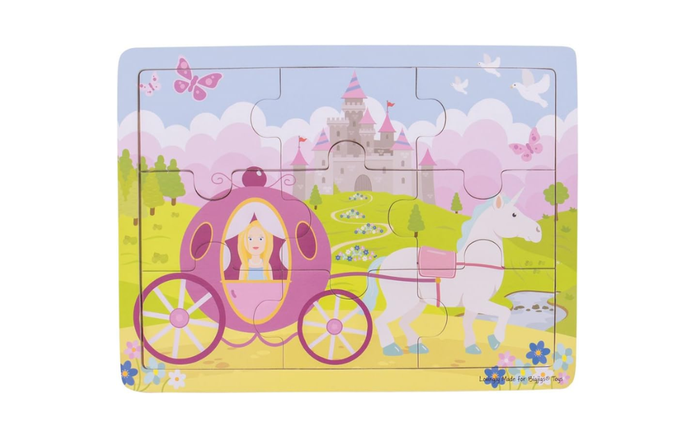 Princess tray puzzle 9 pieces by Bigjigs featuring a colorful scene with a carriage and castle
