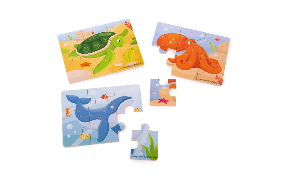 Sealife - 3 Wooden 6 piece puzzles from Bigjigs featuring sea turtle, octopus, and dolphin designs