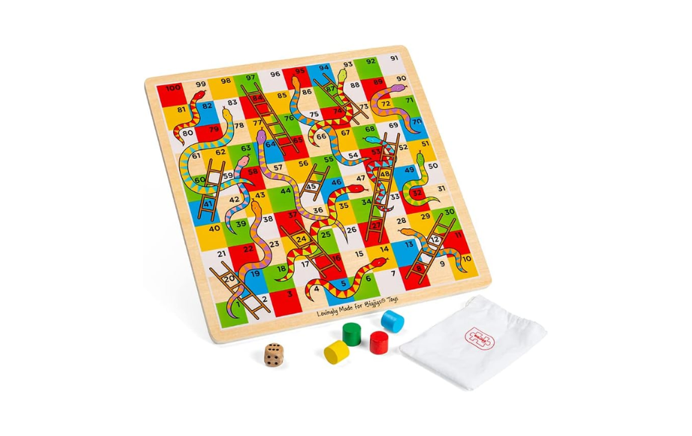 Snakes and Ladders game for kids by Bigjigs Toys featuring a colorful wooden board and accessories