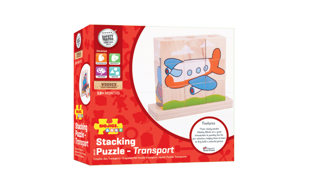 Bigjigs stacking puzzle featuring colorful transport vehicles for toddlers 12 months and up