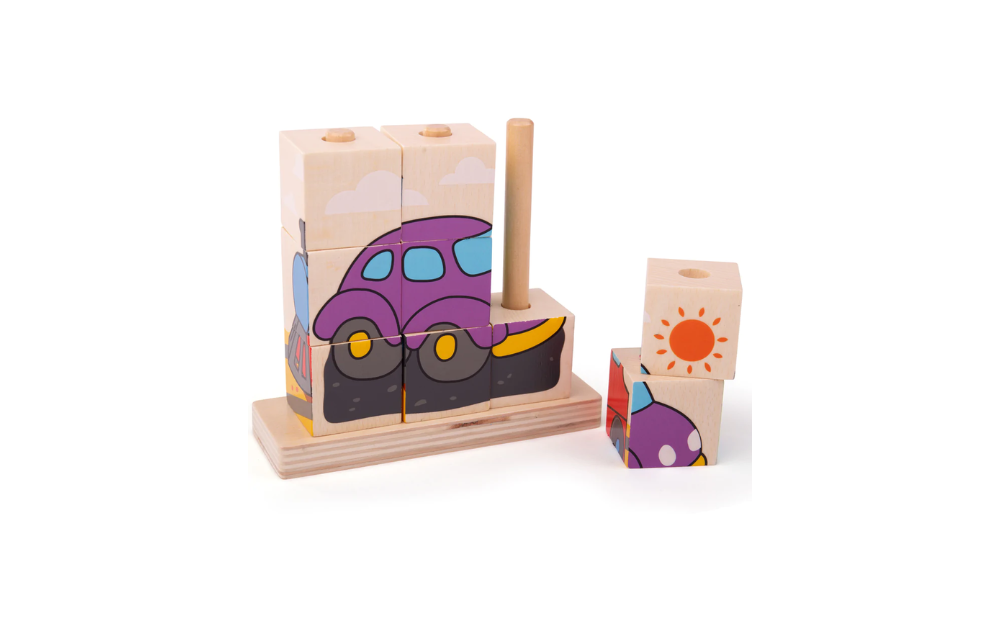 Bigjigs stacking puzzle featuring colorful transport designs for developmental play in toddlers