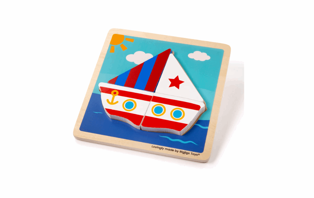 Bigjigs chunky lift out boat puzzle with bright colors and a sunny background for toddlers