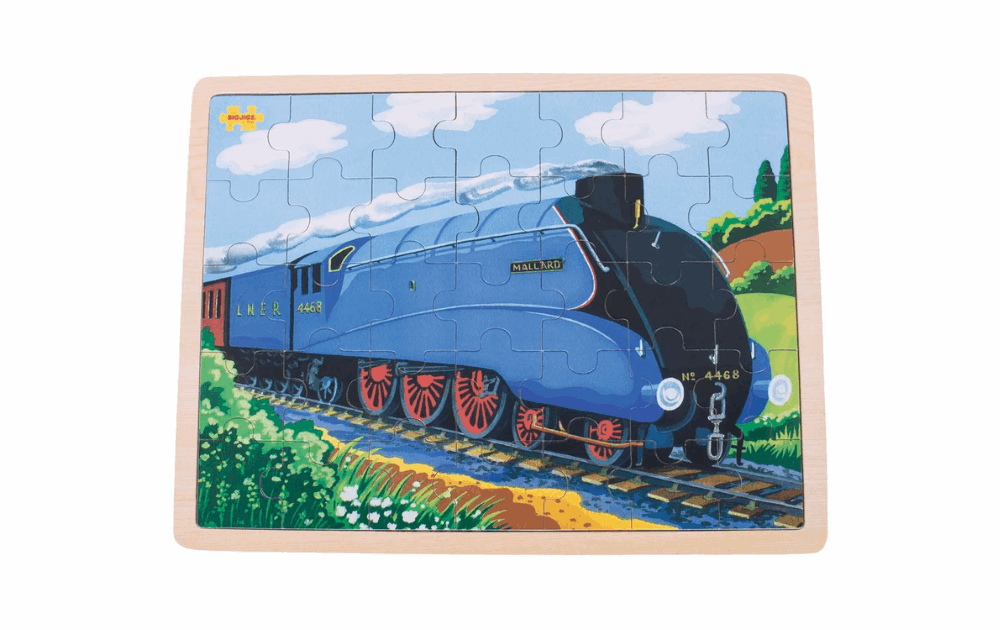 Bigjigs Toys tray puzzle featuring a colorful blue steam engine on a scenic landscape
