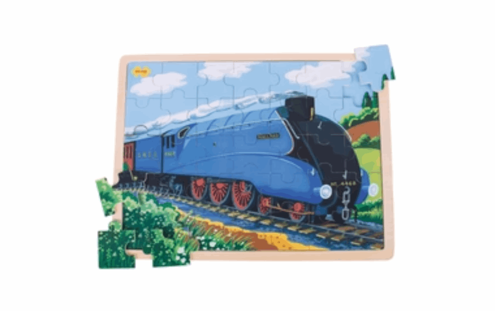 Bigjigs Toys tray puzzle featuring a vibrant blue train scene with colorful landscape background