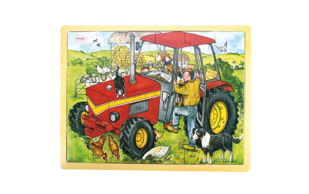 Bigjigs Tractor Tray Puzzle 24 Pieces featuring a farmer with a red tractor in a farm setting