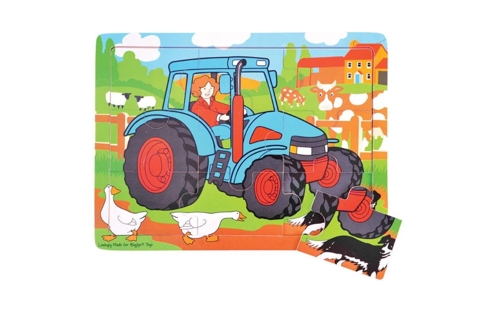Tractor tray puzzle for kids featuring a colorful scene with a tractor, animals, and a farmer