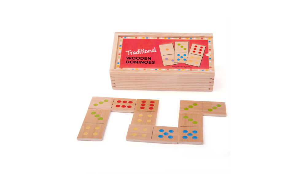 Traditional Wooden Dominoes by Bigjigs Toys in a wooden box perfect for family game night