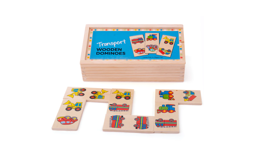 Transport dominoes for kids by Bigjigs Toys in a wooden box featuring colorful vehicle designs