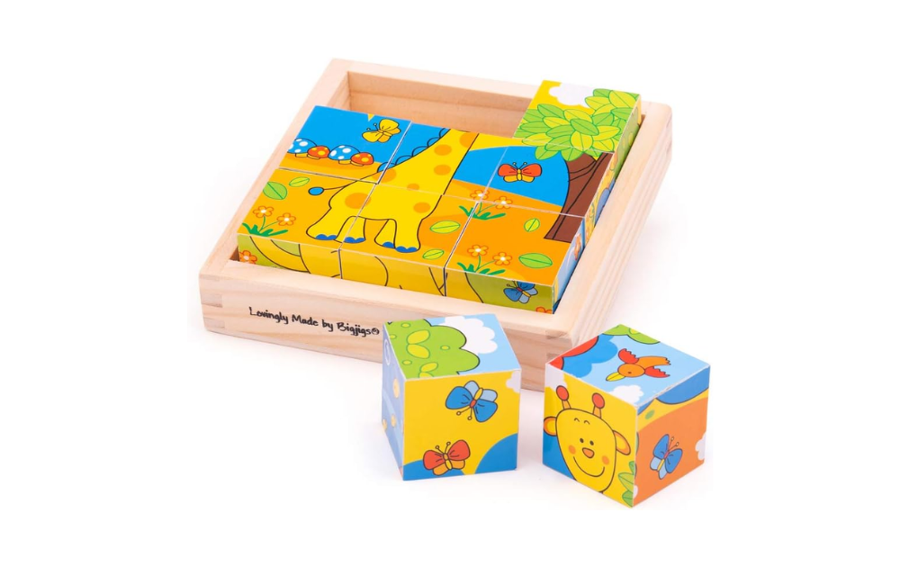 Tray Cube Puzzle Safari Bigjigs featuring colorful animal illustrations and wooden cubes for toddlers