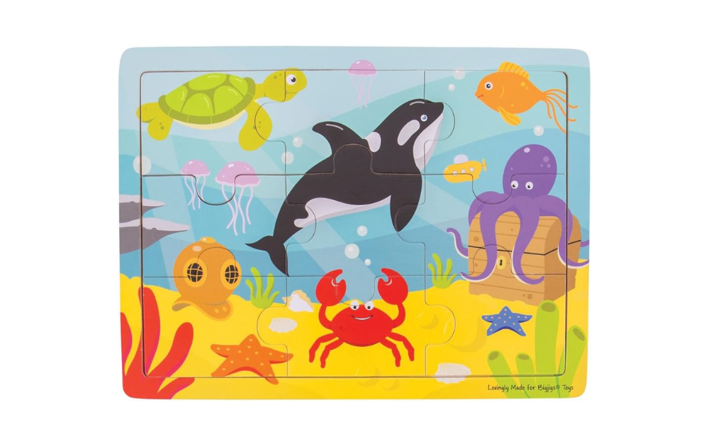 Colorful Underwater tray puzzle for toddlers with 9 large pieces featuring sea animals and vibrant ocean scenery