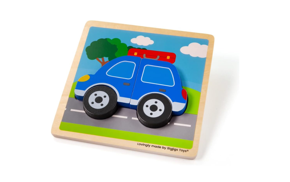 Chunky Lift-Out Puzzle featuring a colorful wooden car puzzle for toddlers by Bigjigs Toys