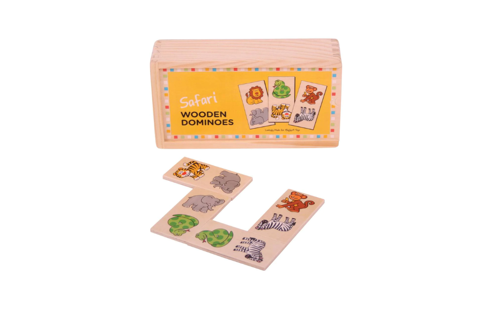 Bigjigs wooden dominoes for kids featuring safari animals in a wooden box, perfect for educational play