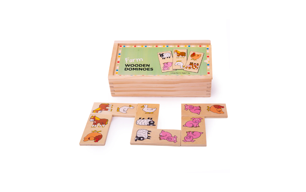 Colorful Wooden Farm Dominoes by Bigjigs Toys in a wooden box, featuring farm animal illustrations