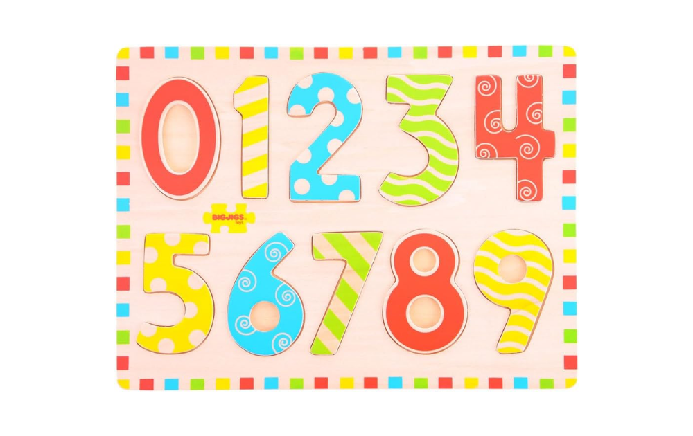 Wooden Inset Numbers Puzzle from Bigjigs featuring colourful numbers 0 to 9 for educational play
