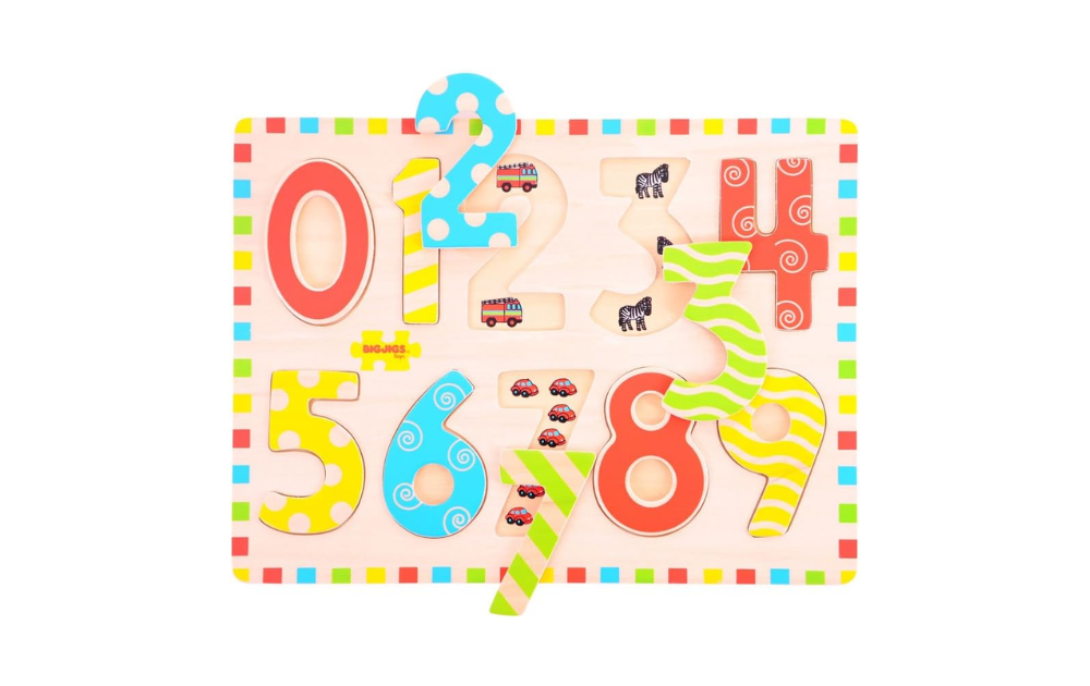Wooden Inset Numbers Puzzle from Bigjigs with 10 brightly coloured number pieces for early learning