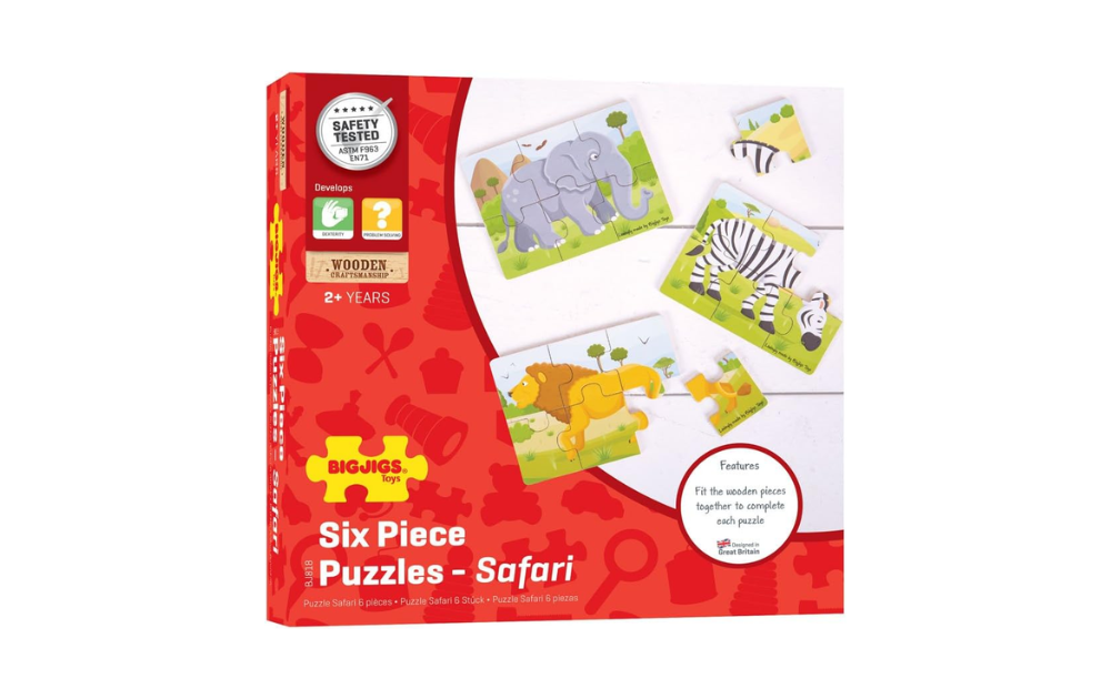 Bigjigs Wooden Safari Puzzles for kids featuring six colorful animal designs including elephants and zebras
