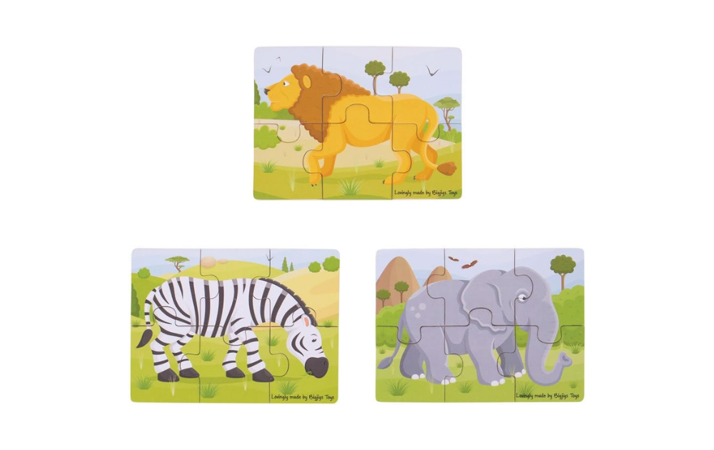 Three colorful wooden safari puzzles for kids featuring a lion, zebra, and elephant by Bigjigs