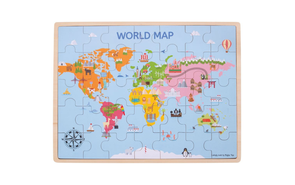 World Map tray puzzle 35 pieces by Bigjigs Toys, featuring colorful illustrations of geographical landmarks
