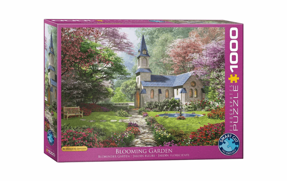 Eurographics Blooming Garden jigsaw puzzle with a picturesque garden scene and charming chapel in vibrant colors