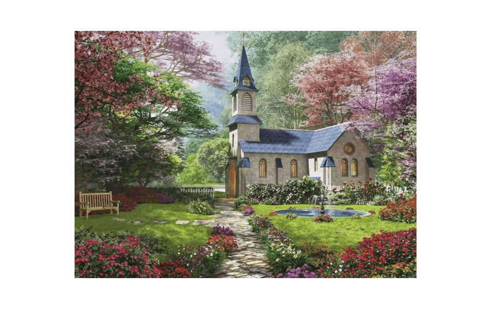 Eurographics Blooming Garden jigsaw puzzle featuring a serene garden with a charming church
