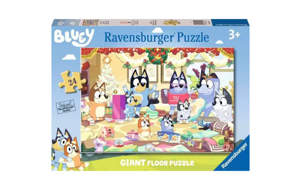 Ravensburger Bluey Christmas giant floor puzzle featuring playful characters in a festive scene