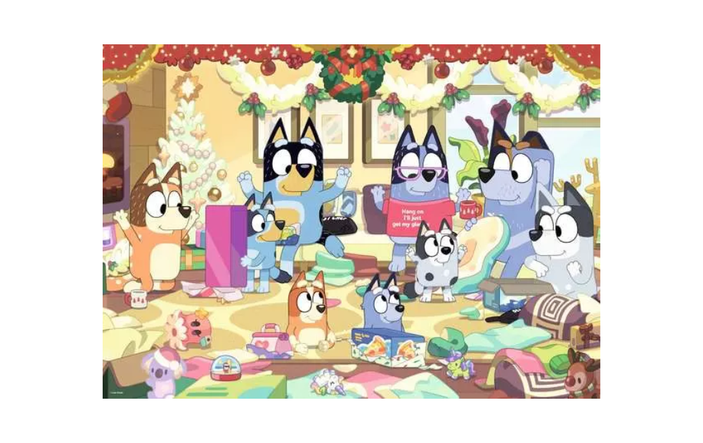 Bluey Christmas giant floor puzzle featuring Bluey and family celebrating around a festive room
