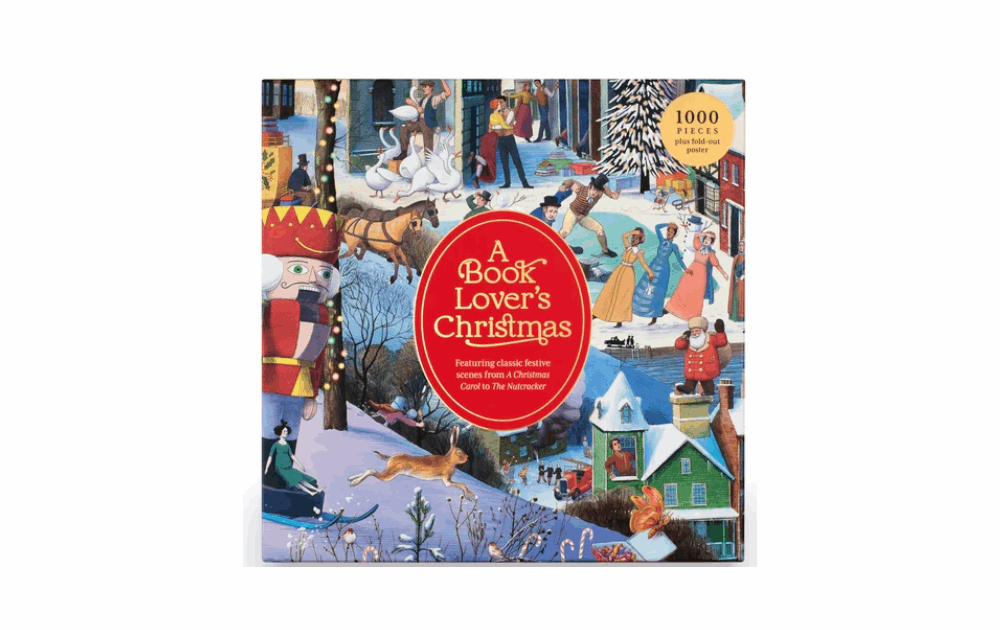 A Book Lover's Christmas puzzle featuring winter scenes and classic holiday stories, 1000 pieces