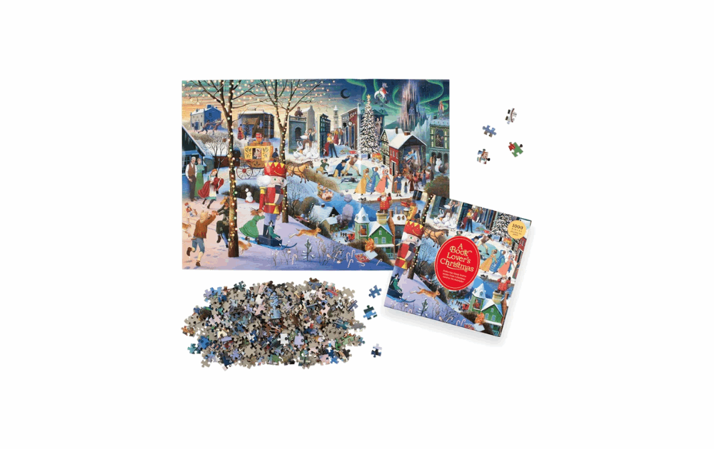 Laurence King book lover's Christmas puzzle featuring a festive winter scene with colorful characters