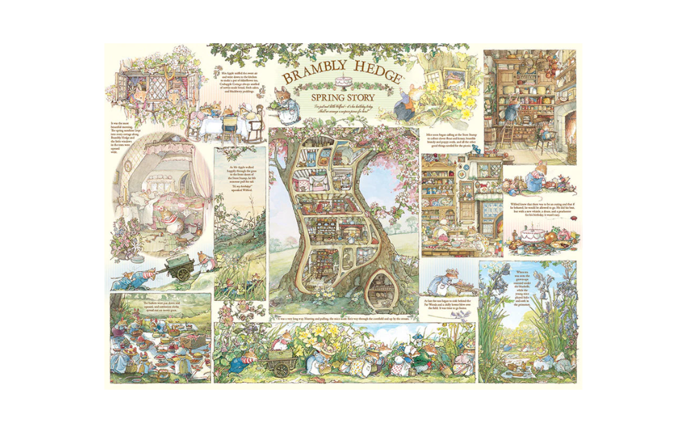 Cobble Hill 1000 Piece Brambly Hedge Spring Story Jigsaw Puzzle featuring charming scenes and illustrations.