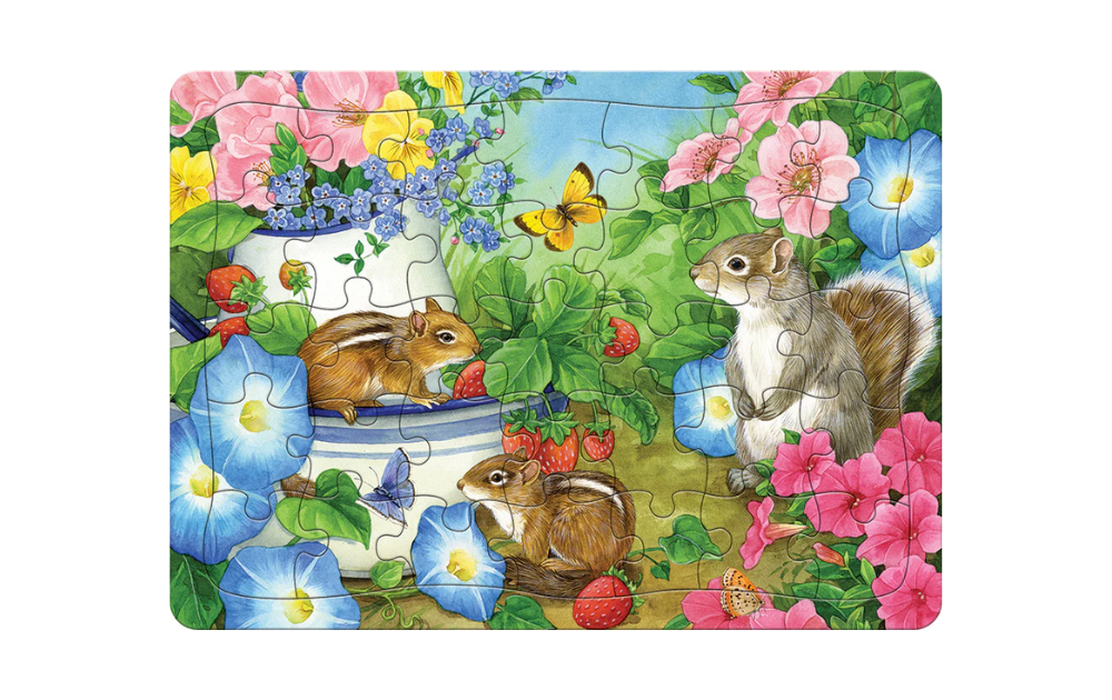 Cobble Hill 35 Piece Squirrel Talk Tray Puzzle with cute squirrels in a vibrant floral scene