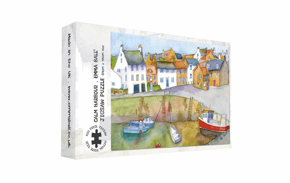 Emma Ball Calm Harbour 1000 piece puzzle featuring a serene coastal scene with colorful houses and boats