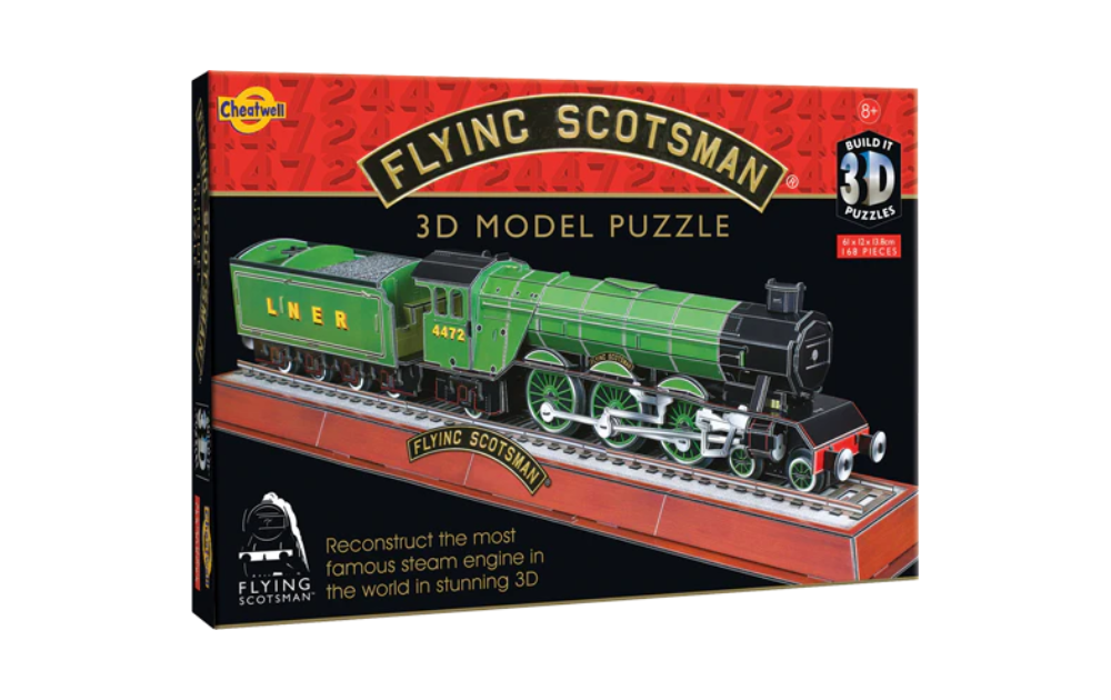 Cheatwell Flying Scotsman 3D puzzle box showing green steam locomotive model on display track