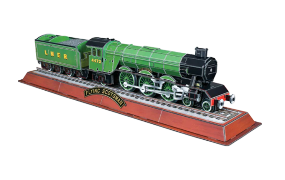 Cheatwell Flying Scotsman 3D puzzle model of green steam locomotive on a display track base