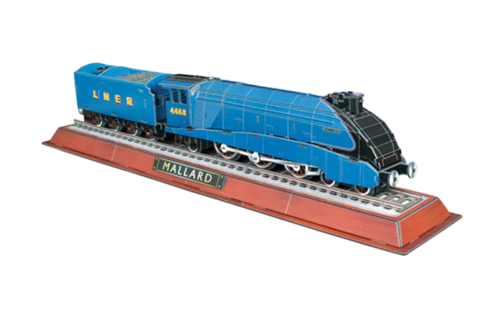 Mallard 3D puzzle Cheatwell blue Mallard steam locomotive model on wooden display base with nameplate