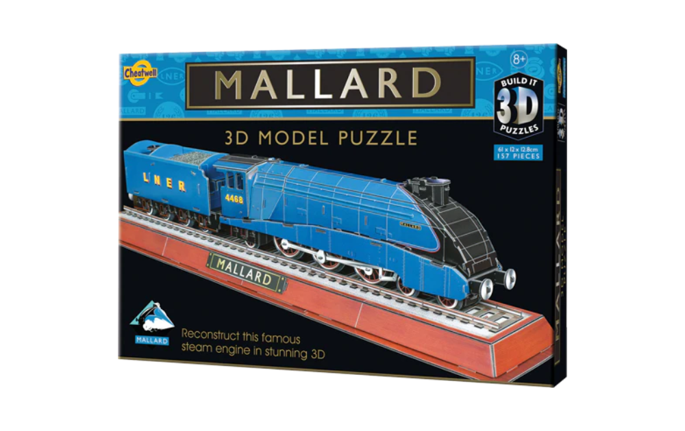 Mallard 3D puzzle Cheatwell blue steam locomotive model with tender on display base
