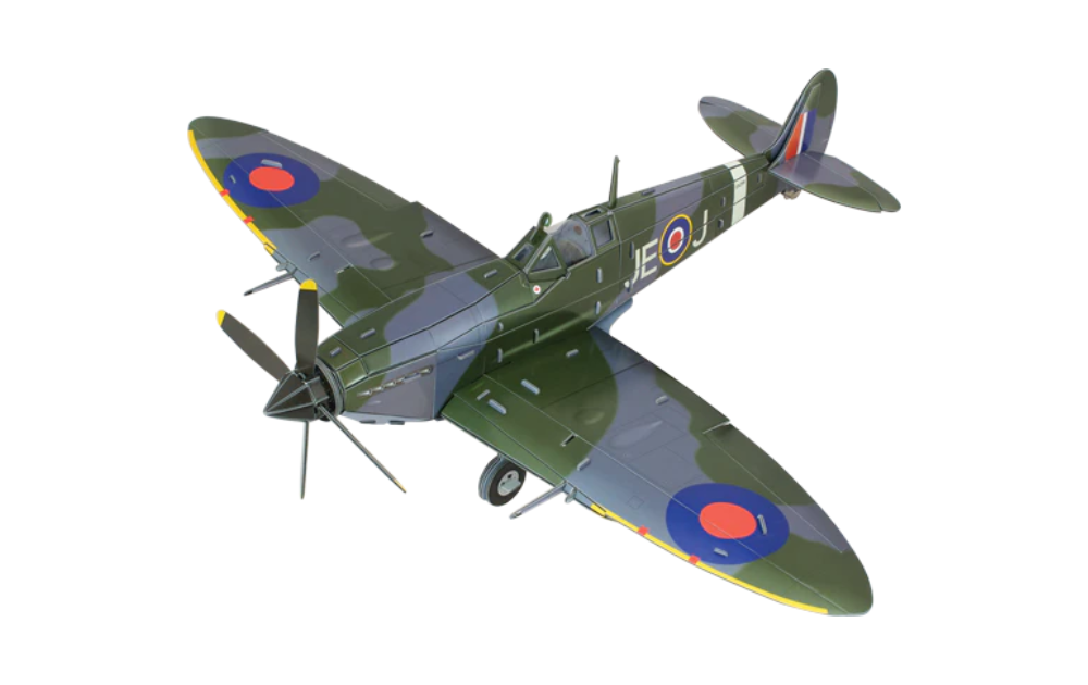 Cheatwell Spitfire 3D puzzle model of green camouflaged WW2 fighter plane with rotating propeller