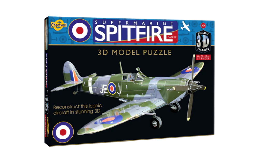 Cheatwell Supermarine Spitfire 3D puzzle box showing green camouflage 3D model aircraft with RAF roundels