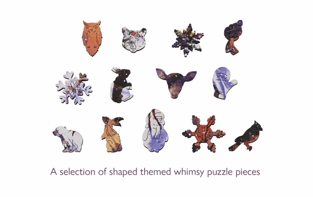 Christmas wooden jigsaw puzzle featuring whimsical shaped pieces of animals and snowflakes