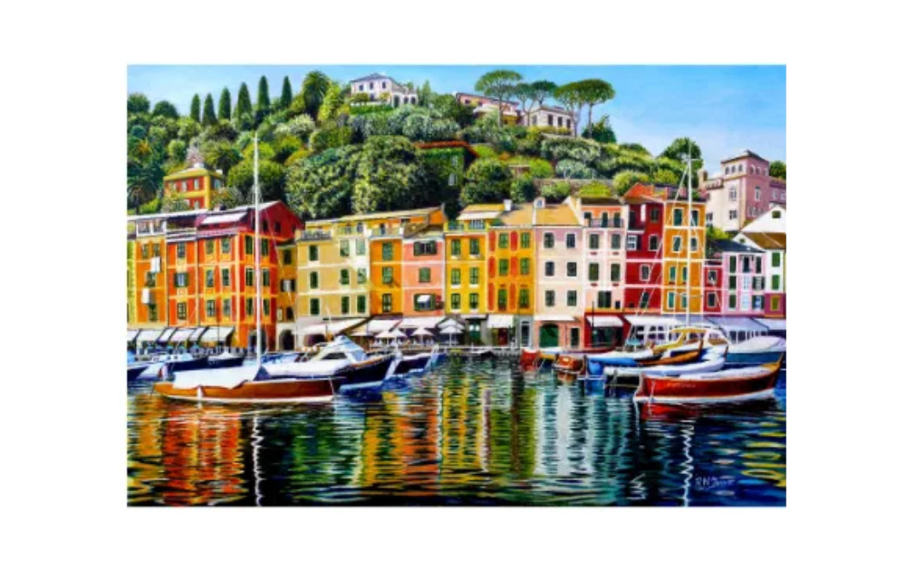 Portofino 1000 piece jigsaw puzzle by The Jigsaw Cellar showing colourful Portofino harbour with boats and reflective water