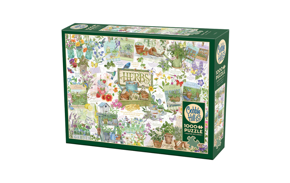 Cobble Hill 100 Piece Herb Garden Jigsaw Puzzle featuring colourful pots and herbs in a garden setting
