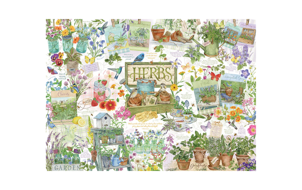 Cobble Hill 100 Piece Herb Garden Jigsaw Puzzle featuring illustrated herbs and garden scenes