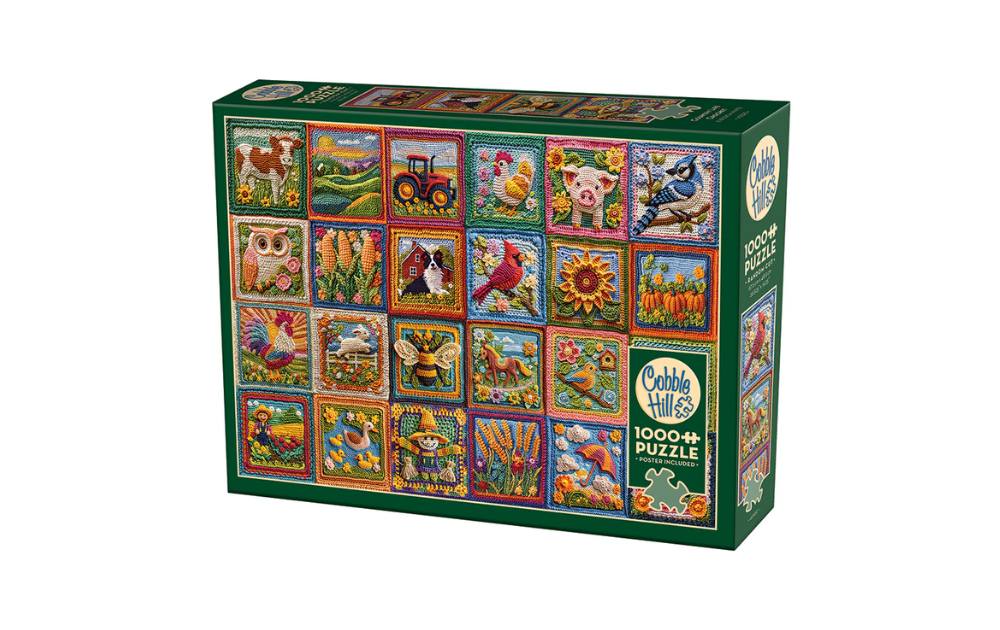Cobble Hill 1000 Piece Country Life Crochet Jigsaw Puzzle featuring farm scenes and vibrant colours