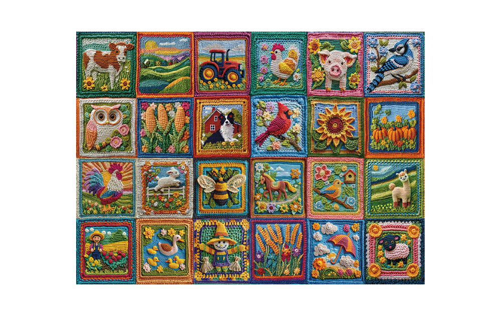 Cobble Hill 1000 Piece Country Life Crochet Jigsaw Puzzle featuring vibrant crochet squares of farm life