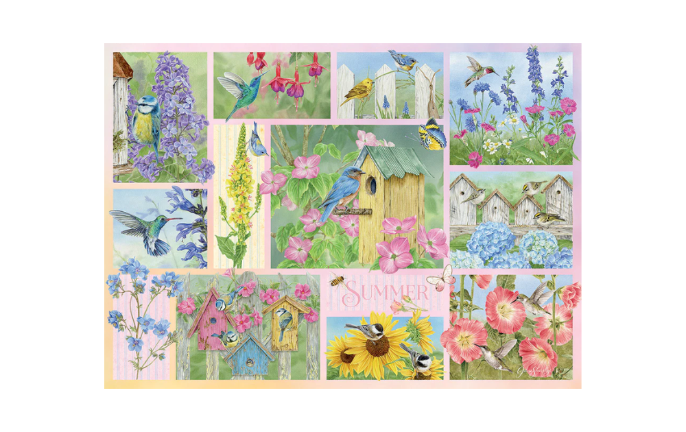 Cobble Hill 500 piece summer bird puzzle featuring vibrant illustrations of birds and flowers