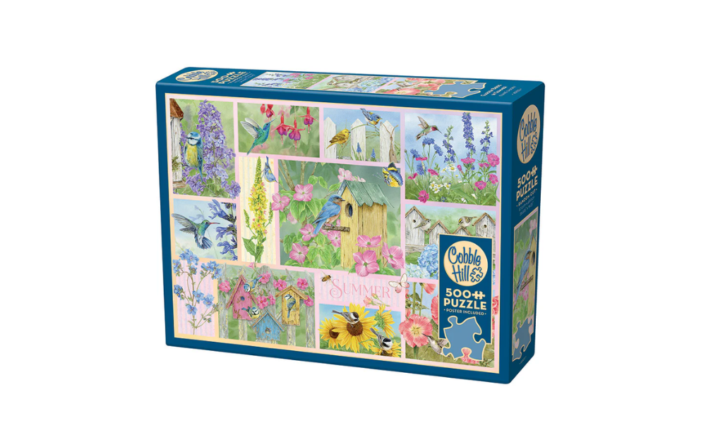 Cobble Hill 500 piece summer bird puzzle with colourful floral and bird illustrations