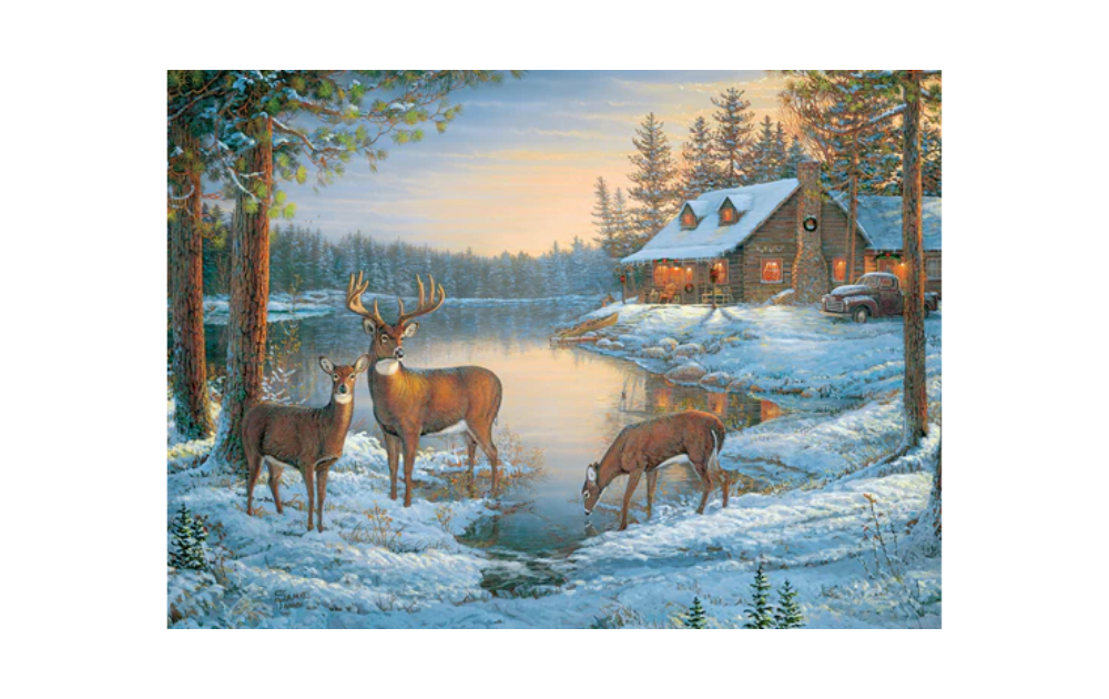 A Quiet Place 1000 Piece Jigsaw Puzzle by Cobble Hill featuring a snowy cabin scene with deer by a lake